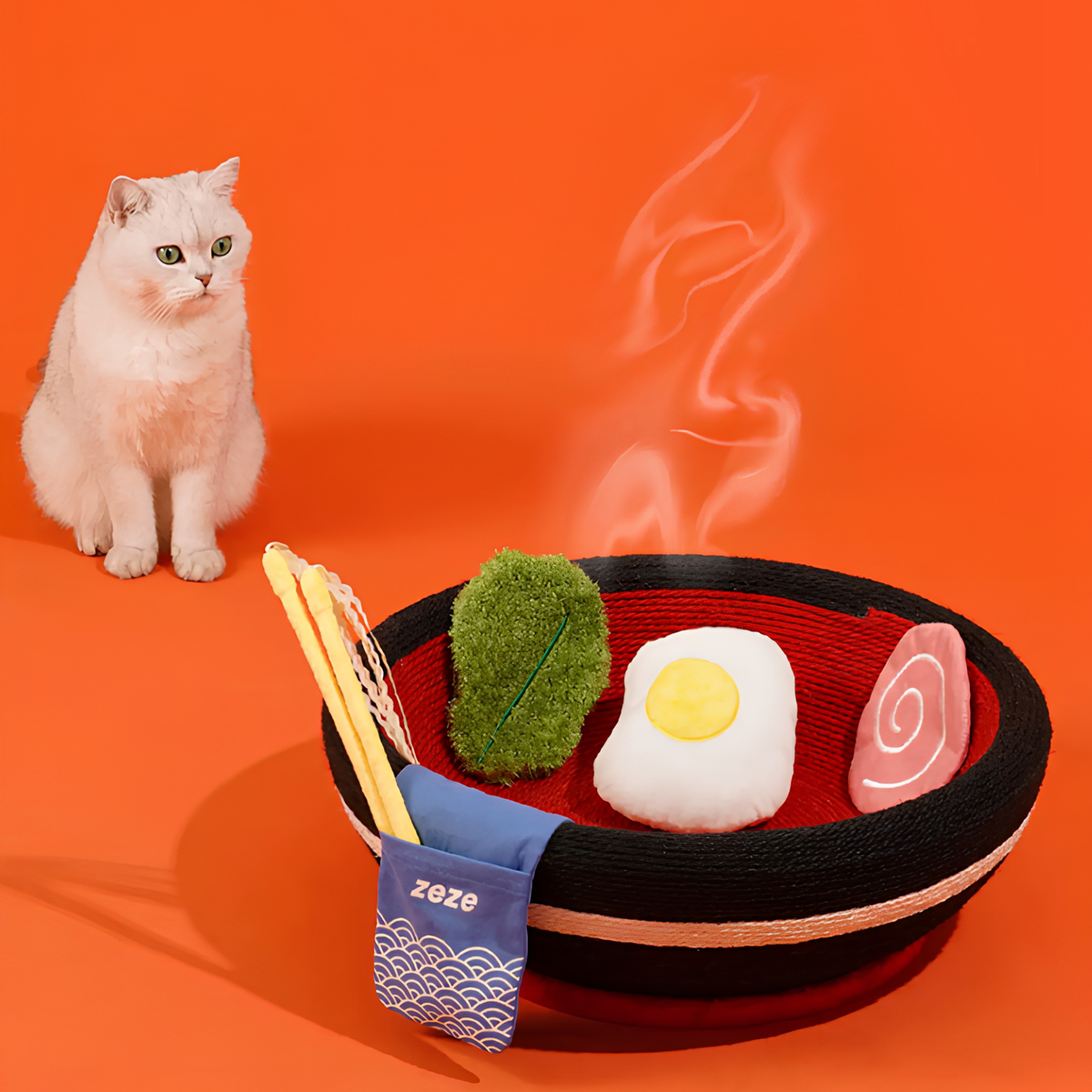 ZEZE Ramen Bowl Cat Scratcher & Bed – Rope Scratching Bowl with Plush Toys, 48cm