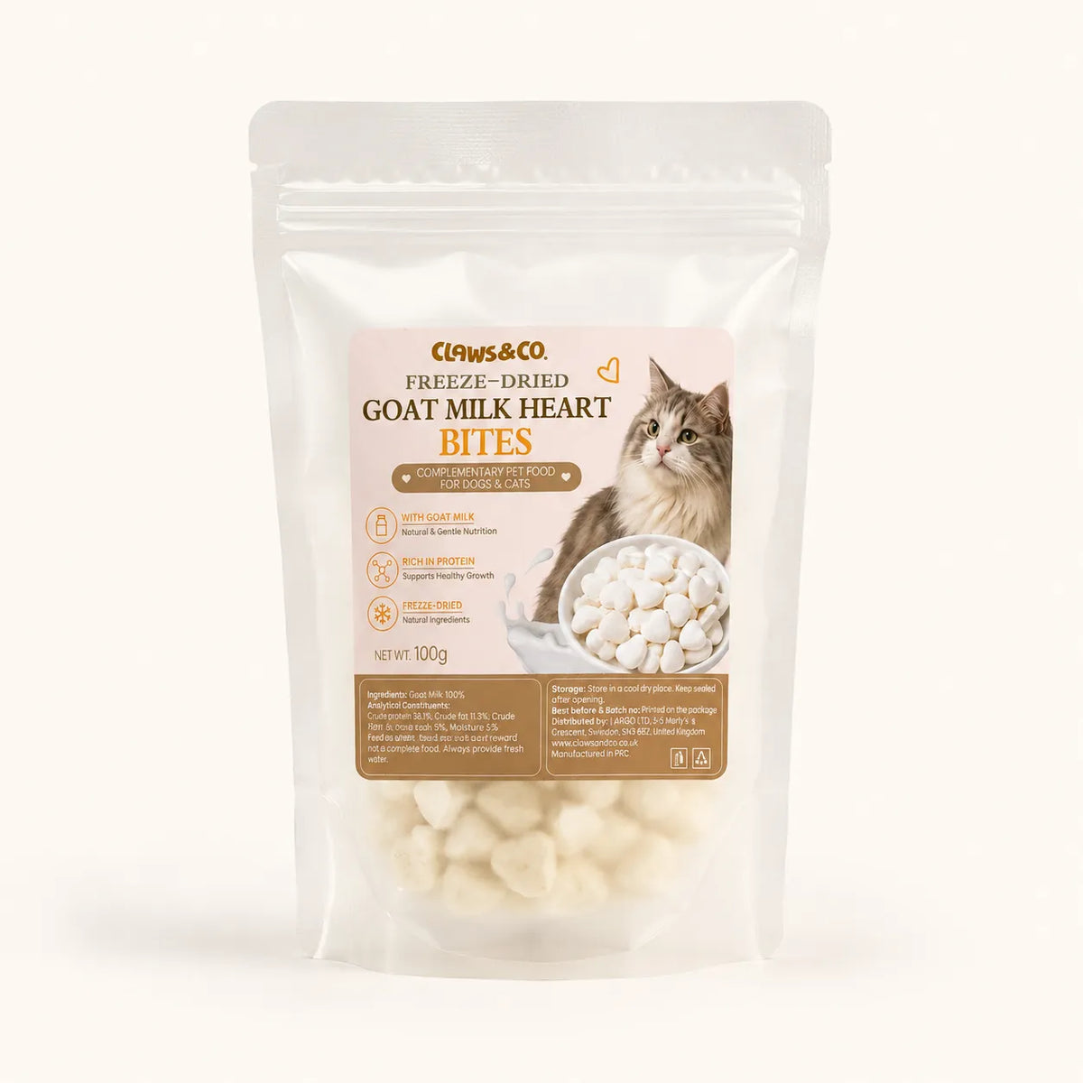 Freeze-Dried Goat's Milk Heart Treats for Cats – 100g