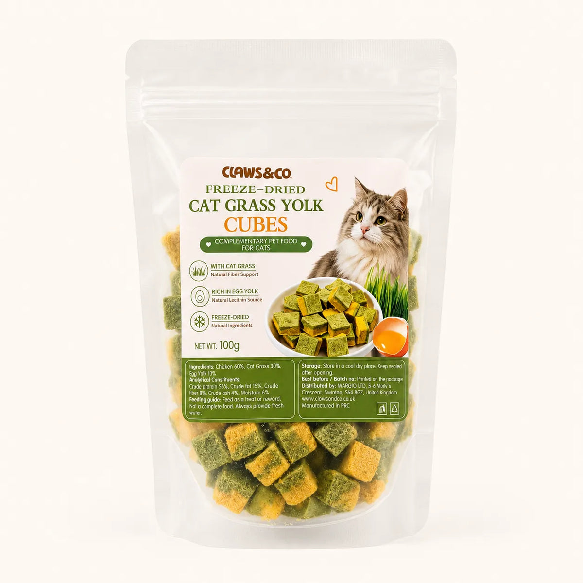 Freeze-Dried Chicken, Cat Grass & Egg Yolk Treats – 100g
