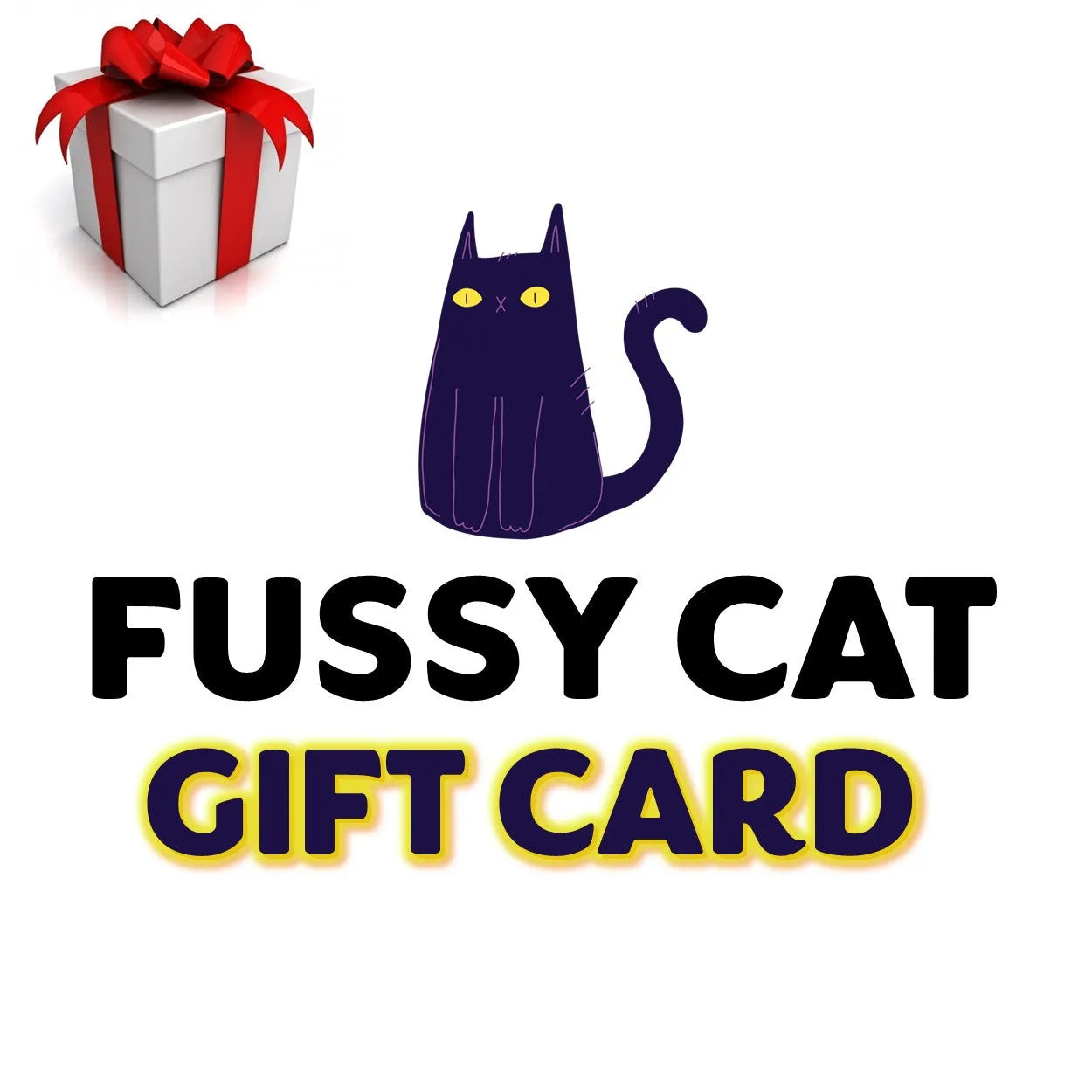 White gift box with red ribbon, purple cartoon cat, and "Fussy Cat Gift Card" text.