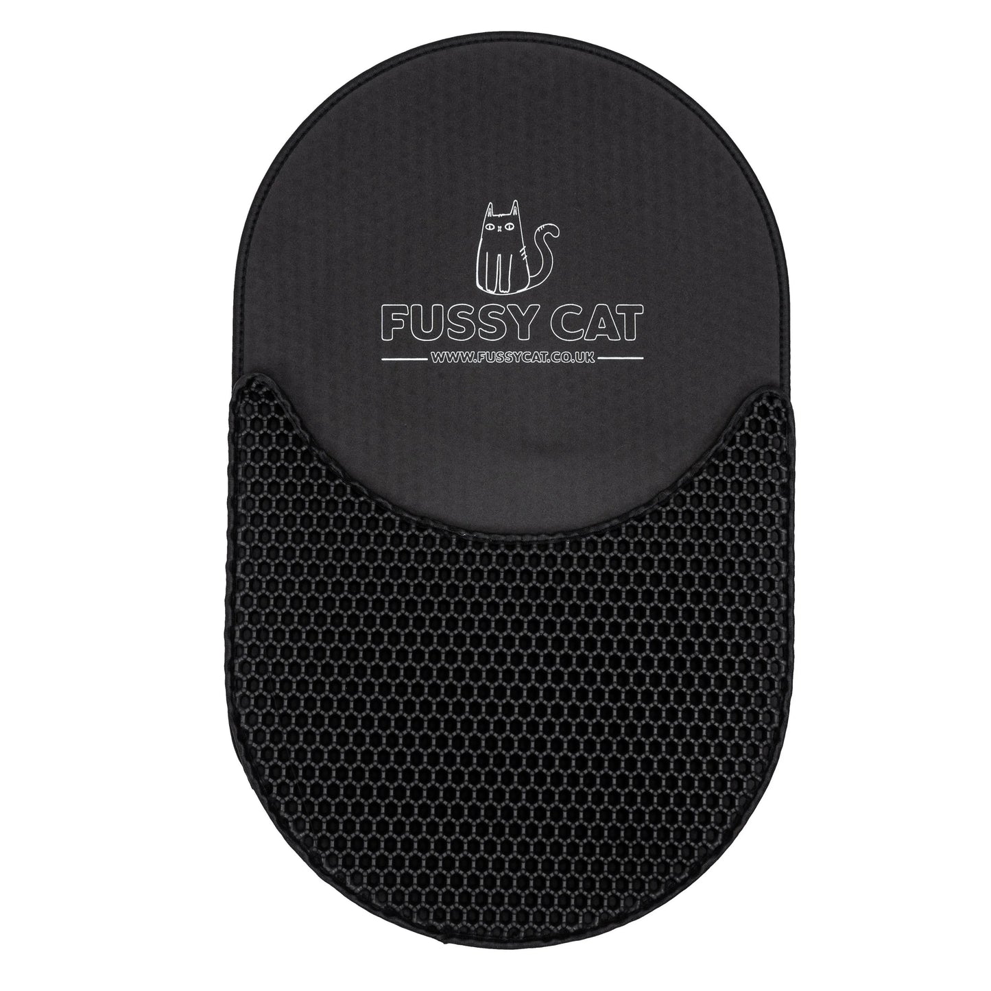 Black Fussy Cat litter mat with white logo, featuring a honeycomb texture on the lower half.