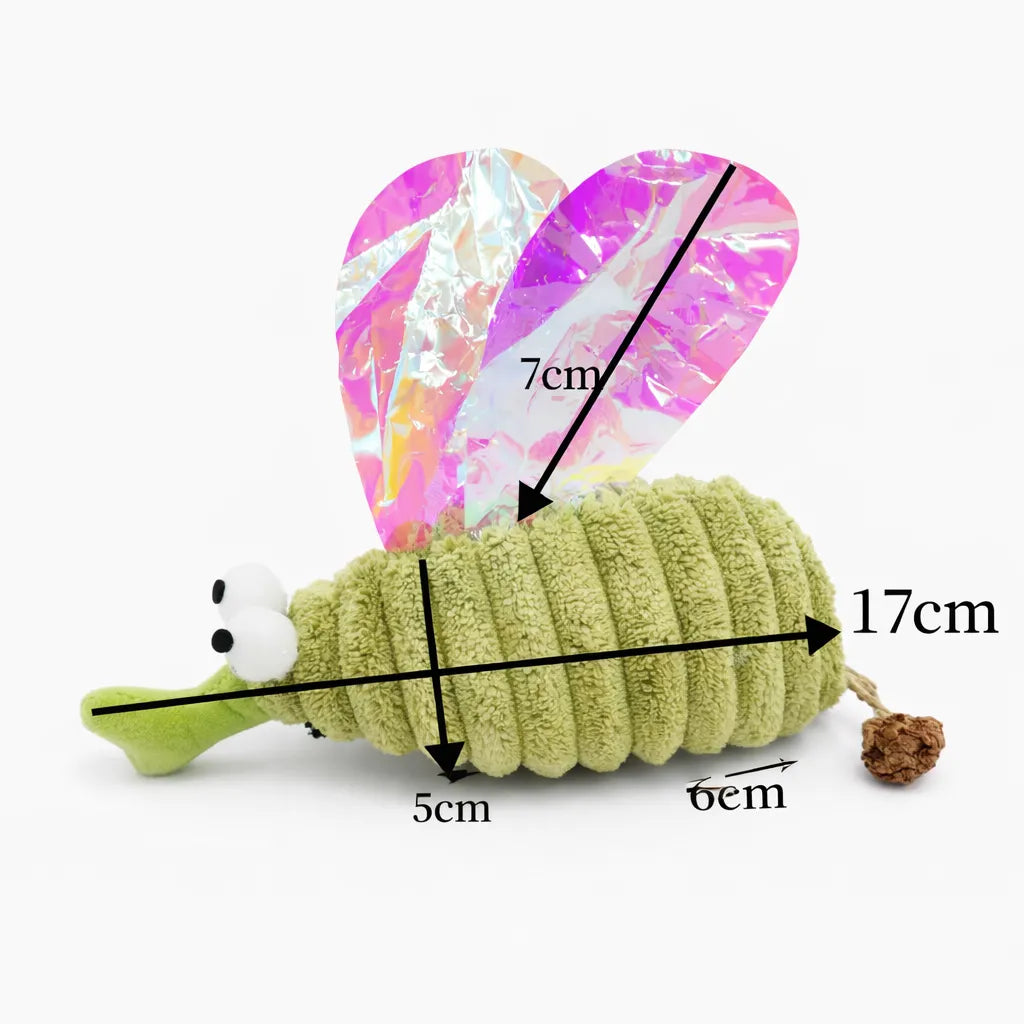 Green plush mosquito cat toy with iridescent wings, googly eyes, and matatabi fruit, showing dimensions.