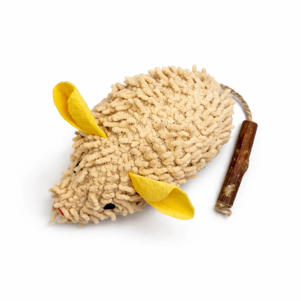 Beige textured plush mouse cat toy with yellow ears and a matatabi stick tail.