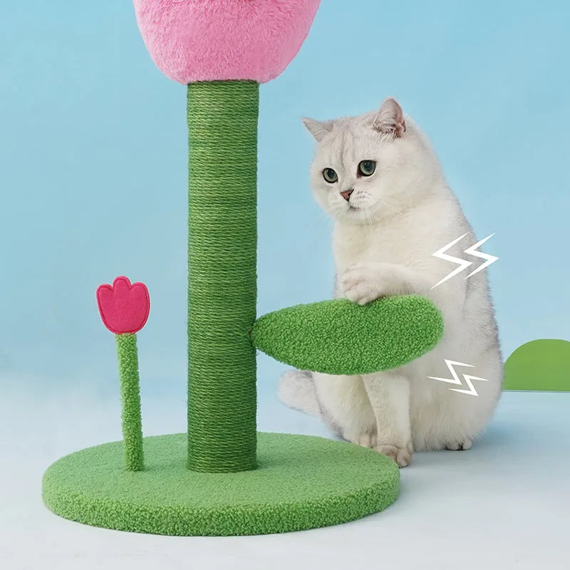 ZEZE Tulip Cat Scratching Post – Plush Flower Design with Rattle Leaves-Fussy Cat