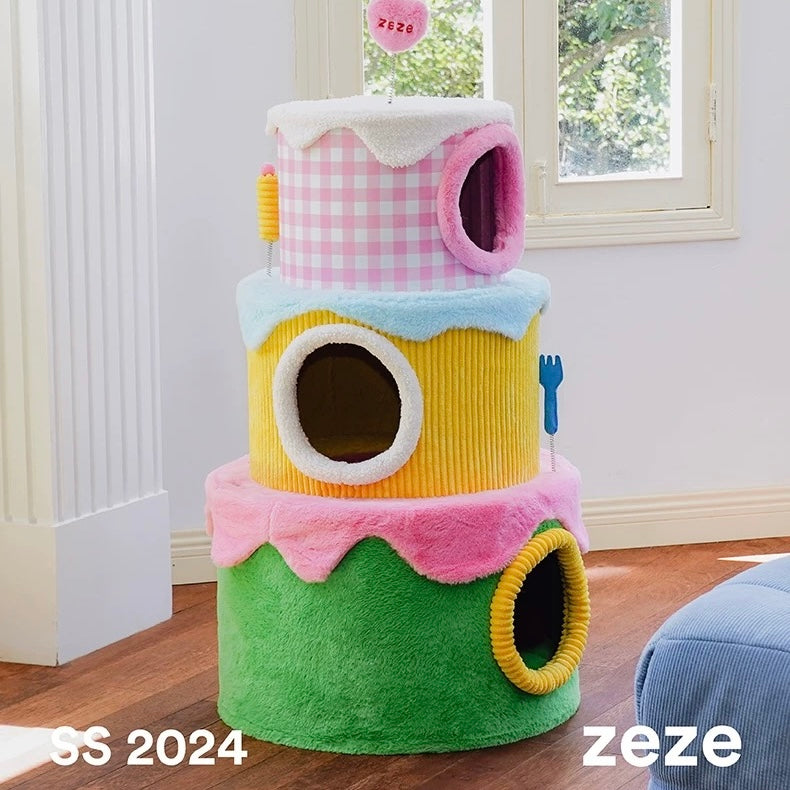 ZEZE Three-Layer Cream Cake Cat Tree – Plush Cat Tower, 110cm