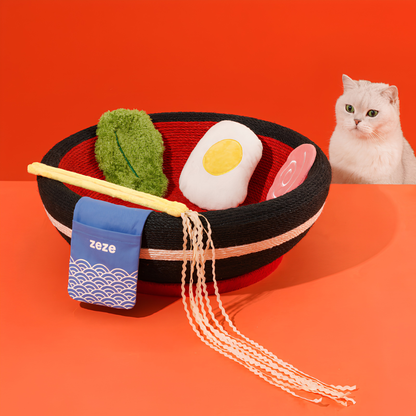ZEZE Ramen Bowl Cat Scratcher & Bed – Rope Scratching Bowl with Plush Toys, 48cm
