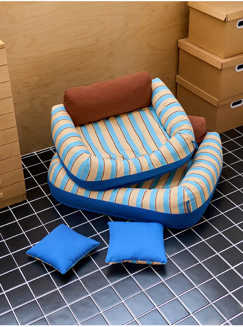 ZEZE Sandwich Pat Sofa Bed – Striped Canvas with Backrest & Cushion