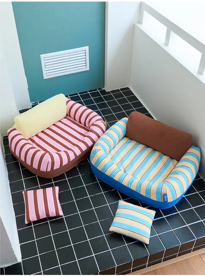ZEZE Sandwich Pat Sofa Bed – Striped Canvas with Backrest & Cushion
