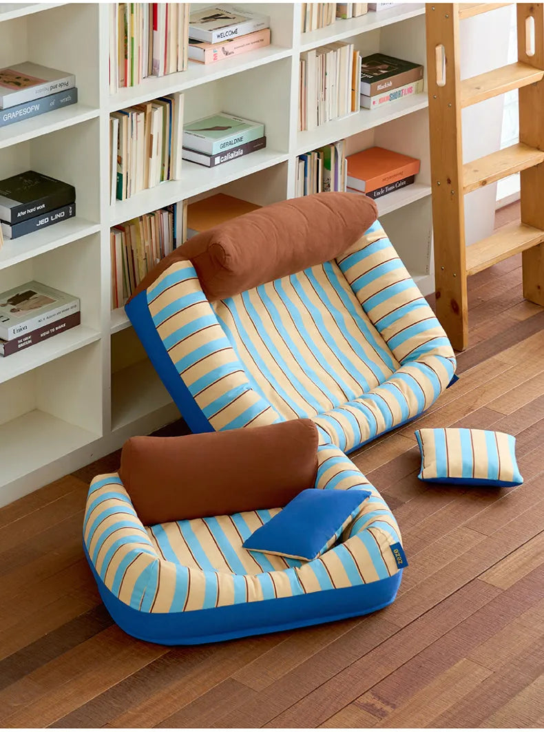 ZEZE Sandwich Pat Sofa Bed – Striped Canvas with Backrest & Cushion