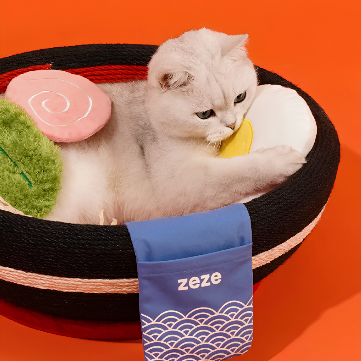 ZEZE Ramen Bowl Cat Scratcher & Bed – Rope Scratching Bowl with Plush Toys, 48cm