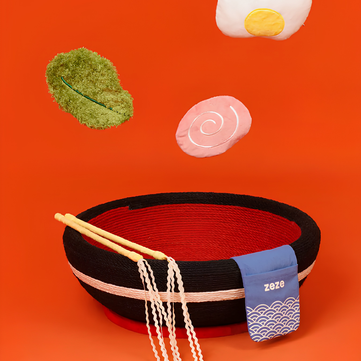 ZEZE Ramen Bowl Cat Scratcher & Bed – Rope Scratching Bowl with Plush Toys, 48cm