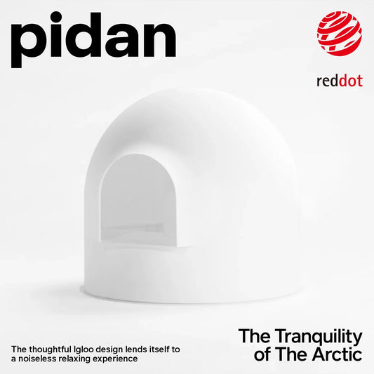 White pidan dome cat litter box with 'pidan' and 'Red Dot' branding on a white background