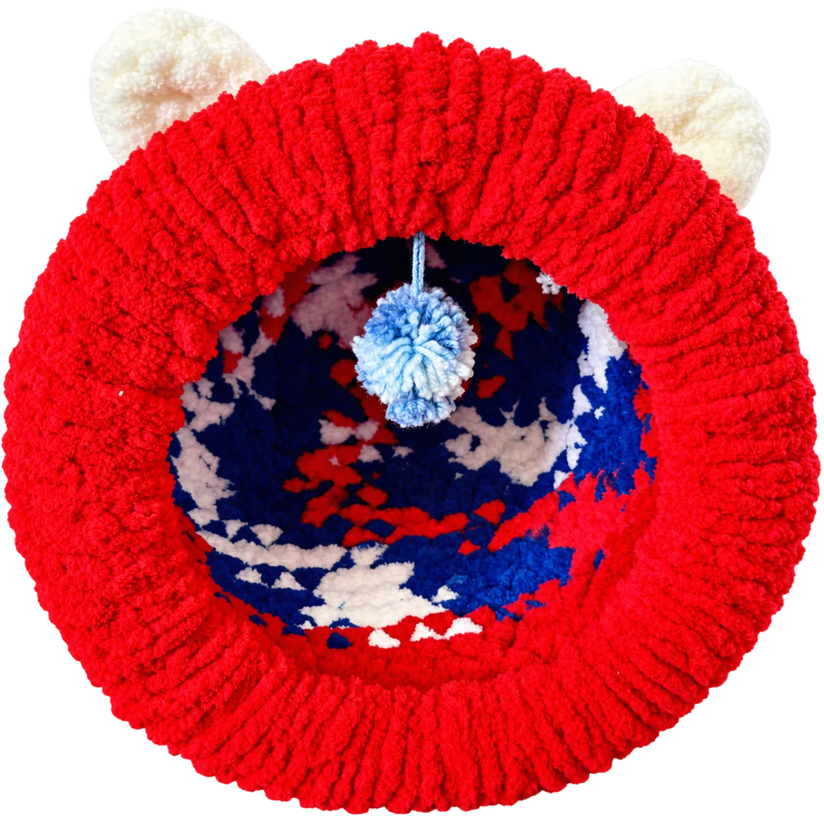 Luxury Chunky Knit Cat Cave Bed with Pom-Pom Toy - Handmade to Order