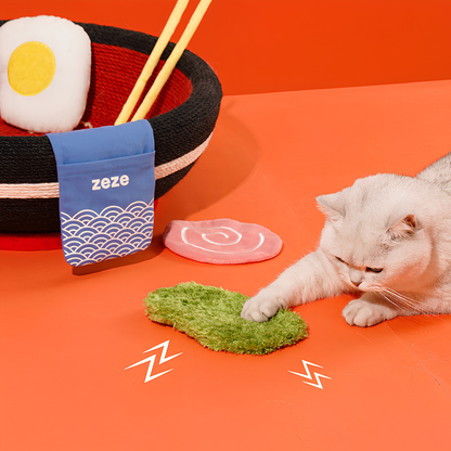 ZEZE Ramen Bowl Cat Scratcher & Bed – Rope Scratching Bowl with Plush Toys, 48cm