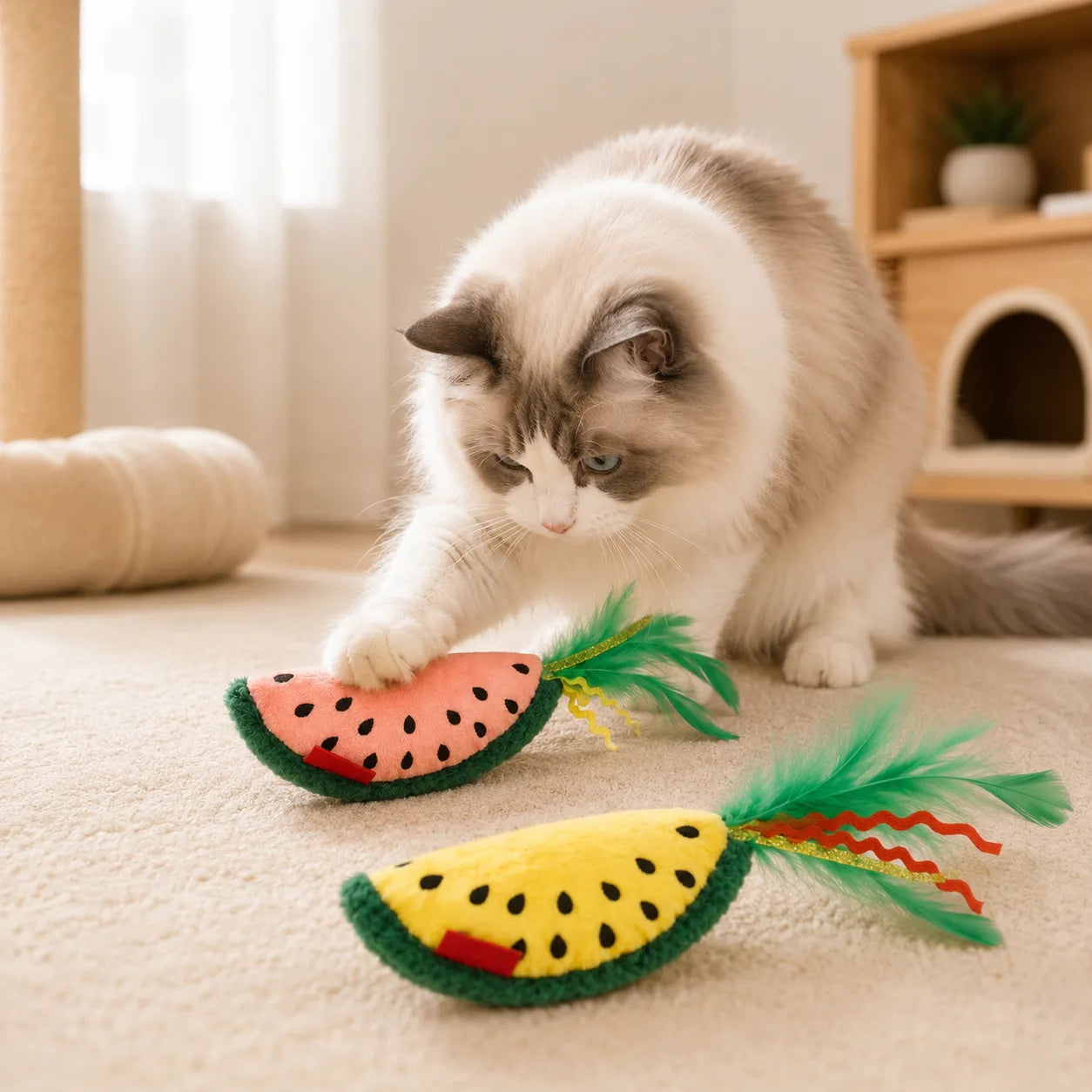 Watermelon Catnip Cat Toy – Plush Crinkle Feather Interactive Bite Resistant Cat Toy-Fussy Cat