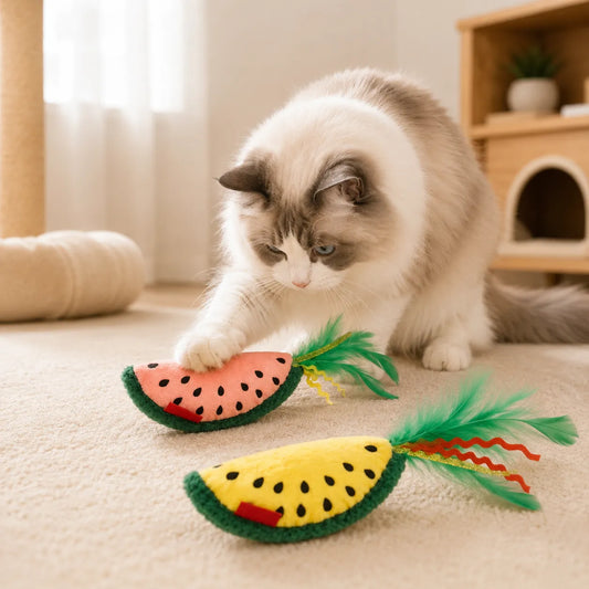 Watermelon Catnip Cat Toy – Plush Crinkle Feather Interactive Bite Resistant Cat Toy-Fussy Cat