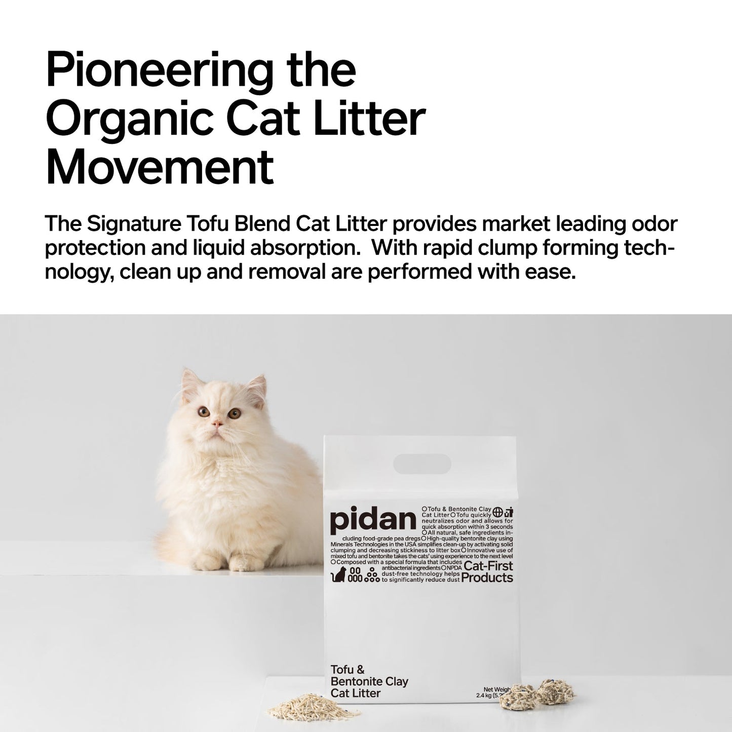 Cat sitting next to a bag of Pidan cat litter with text about the product on a light gray background.