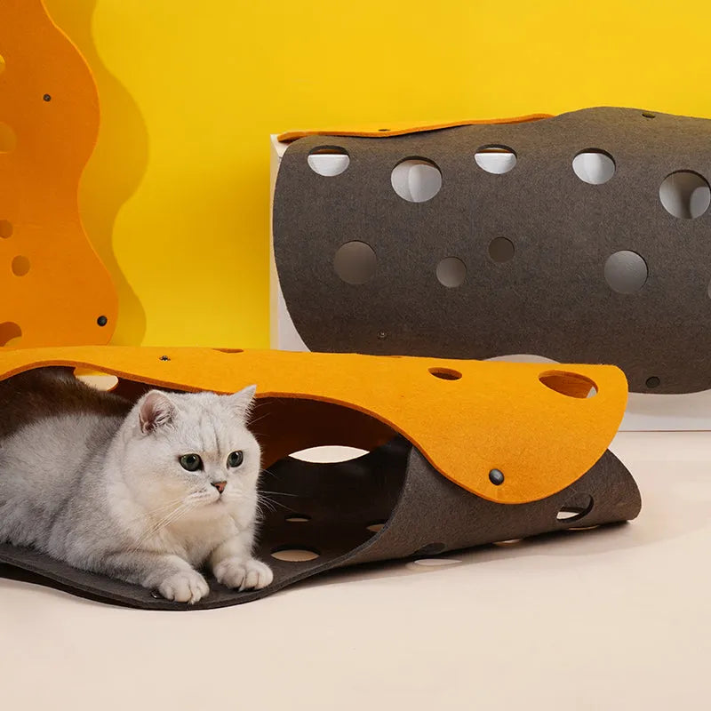 ZEZE Cheese Cat Play Tunnel – Orange Felt with Peek Holes