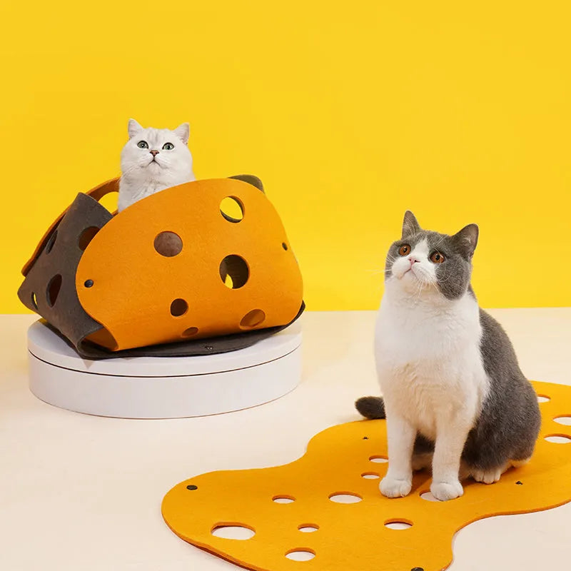 ZEZE Cheese Cat Play Tunnel – Orange Felt with Peek Holes