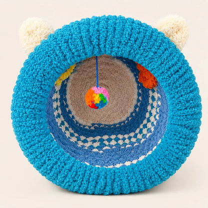 Luxury Handmade Chunky Knit Cat Cave Bed with Pom-Pom Toy-Fussy Cat