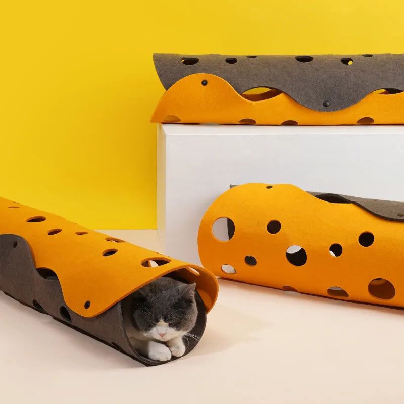 ZEZE Cheese Cat Play Tunnel – Orange Felt with Peek Holes