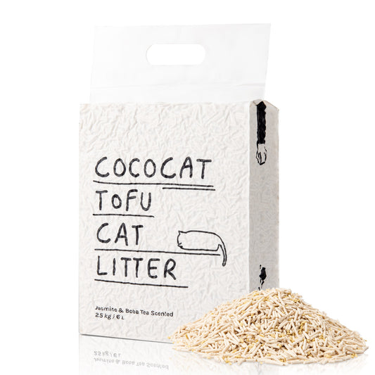 Cococat Tofu Cat Litter packaging with a small pile of litter on a white background