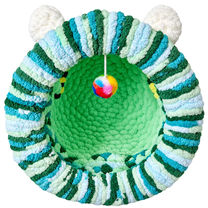 Luxury Chunky Knit Cat Cave Bed with Pom-Pom Toy - Handmade to Order