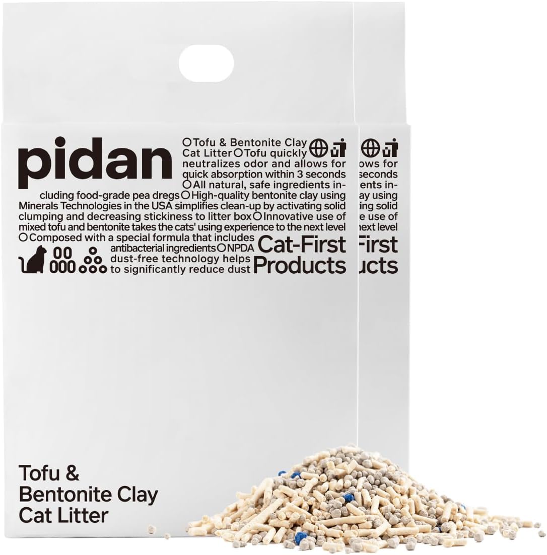 Cat litter packaging with 'pidan' branding and product details.