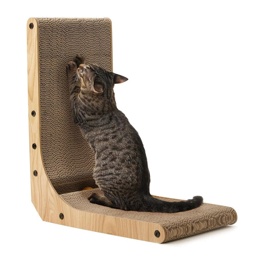 Cat using a wooden scratching post with sisal-wrapped surface on a white background, L-Shaped Cat Scratcher, Small