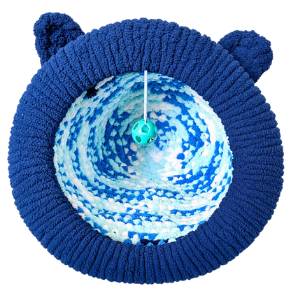 Luxury Chunky Knit Cat Cave Bed with Pom-Pom Toy - Handmade to Order