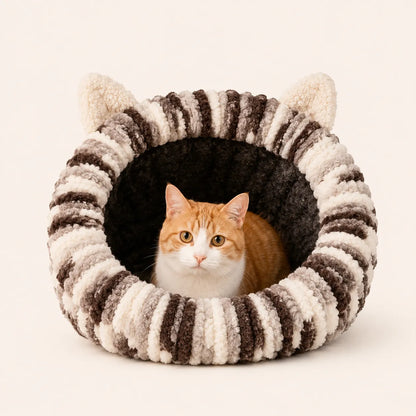 Luxury Handmade Chunky Knit Cat Cave Bed with Pom-Pom Toy-Fussy Cat