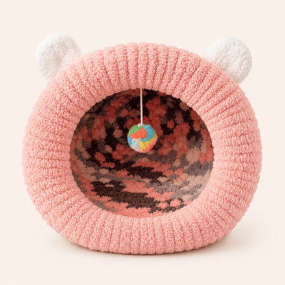 Luxury Handmade Chunky Knit Cat Cave Bed with Pom-Pom Toy-Fussy Cat