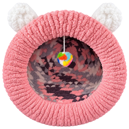 Luxury Chunky Knit Cat Cave Bed with Pom-Pom Toy - Handmade to Order
