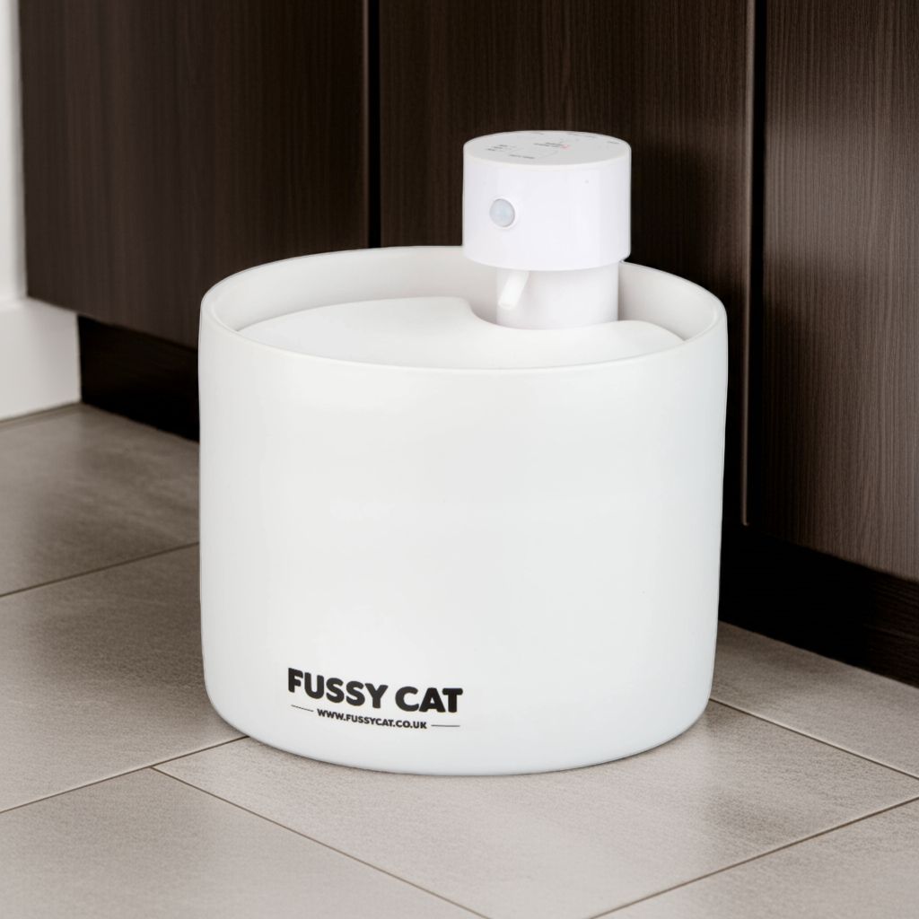 Fussy Cat Water Fountain - Ceramic, Wireless, Motion Activated, Spill-proof design. Voted "Best ceramic pet water fountain" Pets Radar June 2025