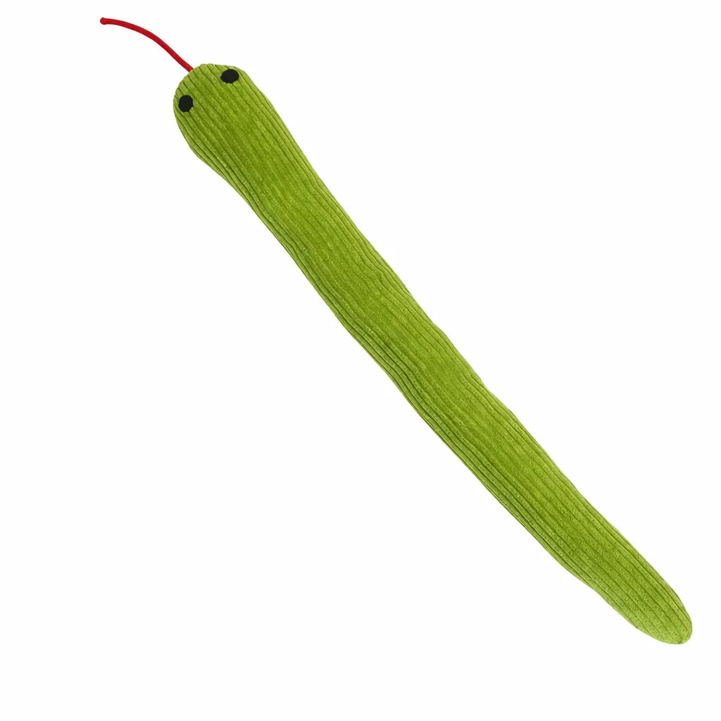 Green plush snake cat toy with black eyes and a red string tongue.