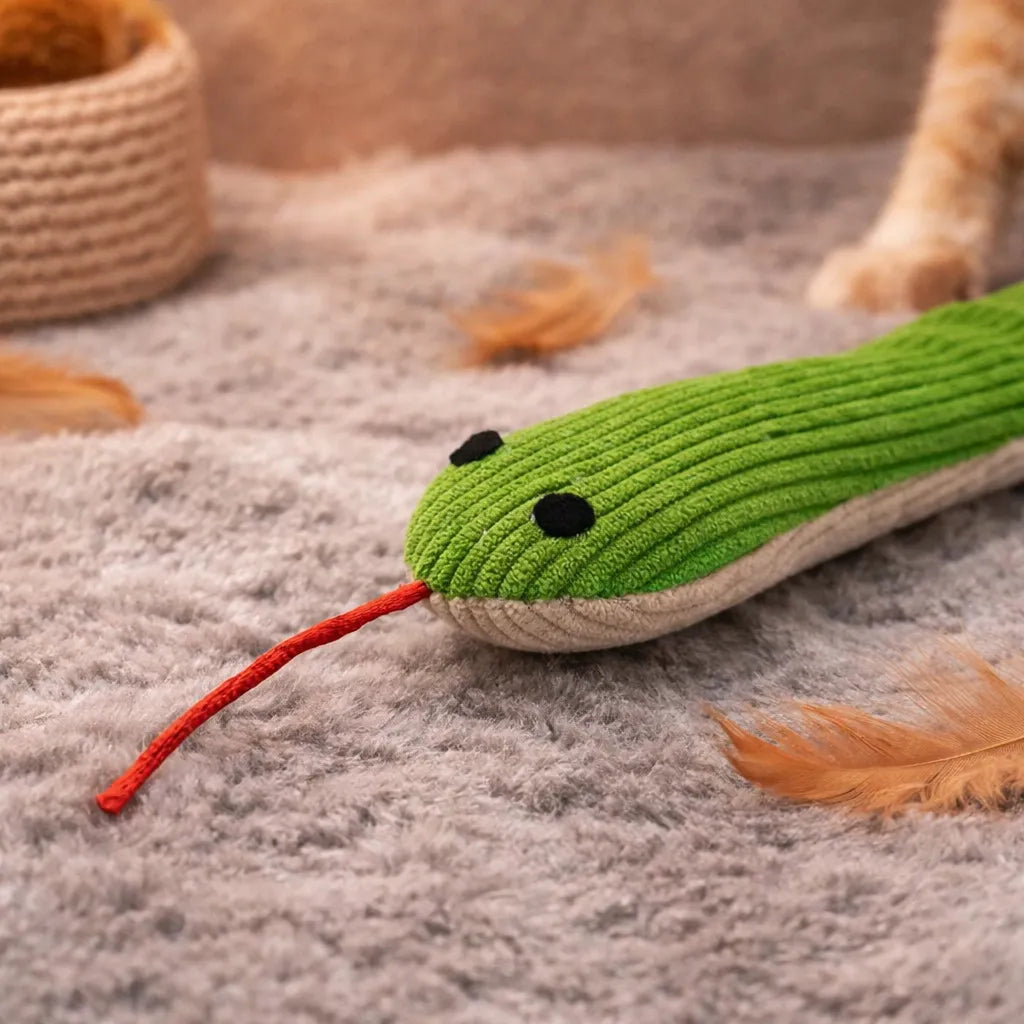 Green plush snake cat toy with black eyes and red tongue on a grey rug with feathers.