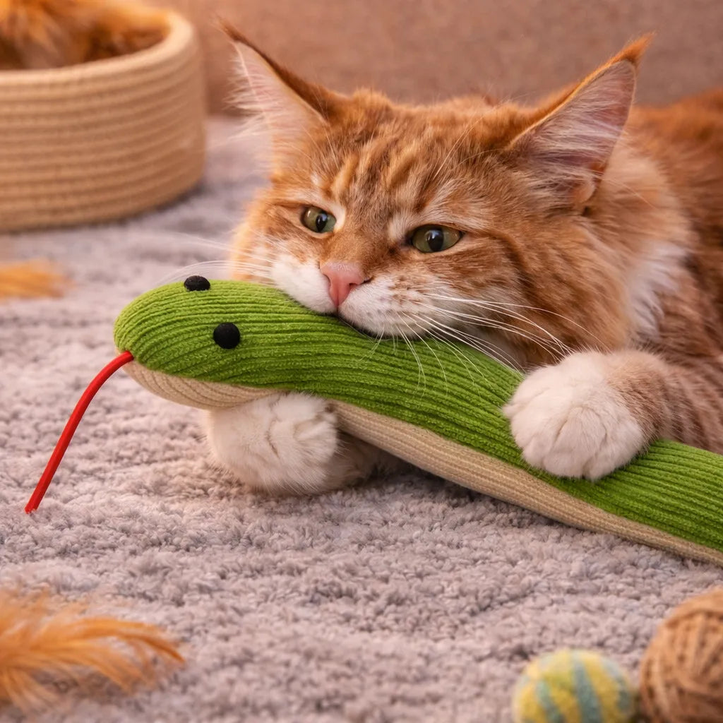 Orange cat playing with a green plush snake kicker toy with black eyes and red tongue on a grey rug.