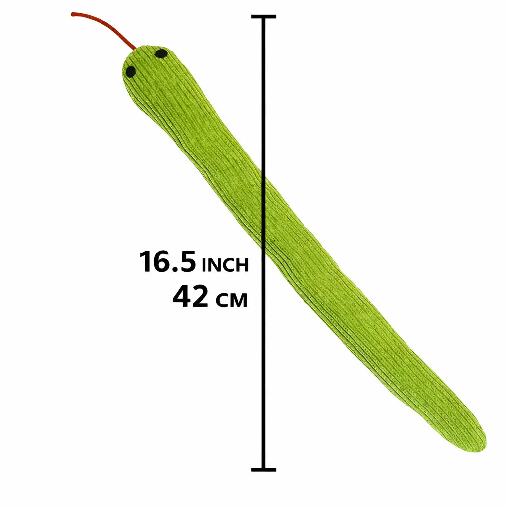 Green plush snake cat toy, 42 cm (16.5 inch) long, with black eyes and a red tail string.