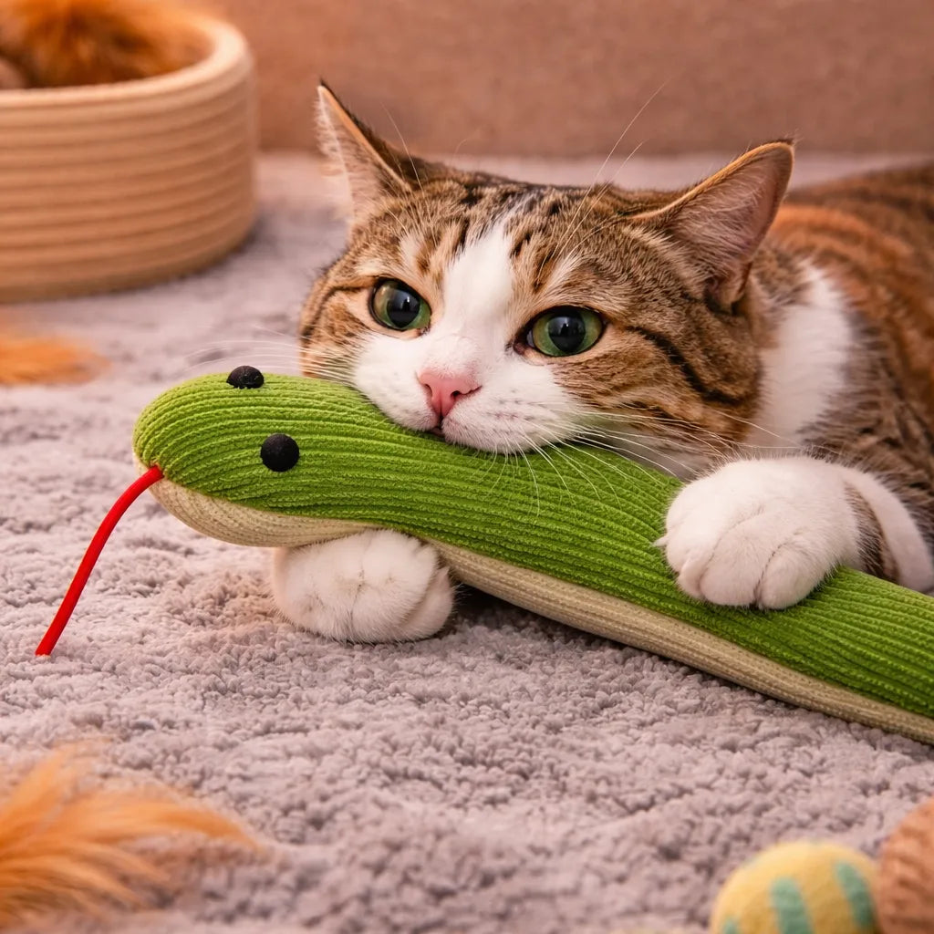 Tabby cat with green plush snake kicker toy, featuring a red tongue and black eyes.