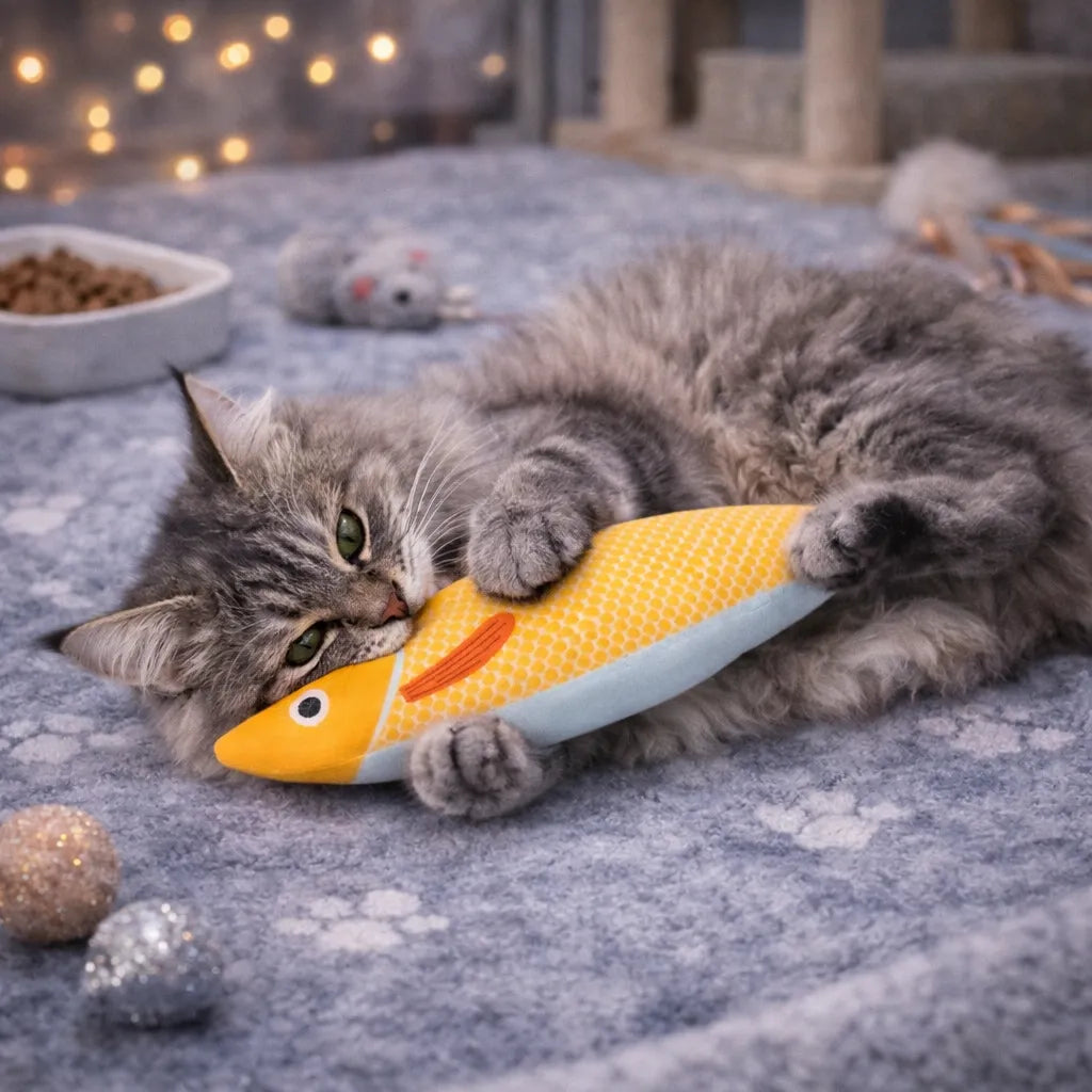 Fluffy gray cat playing with a 24cm yellow and light blue fish-shaped catnip toy on a gray blanket.