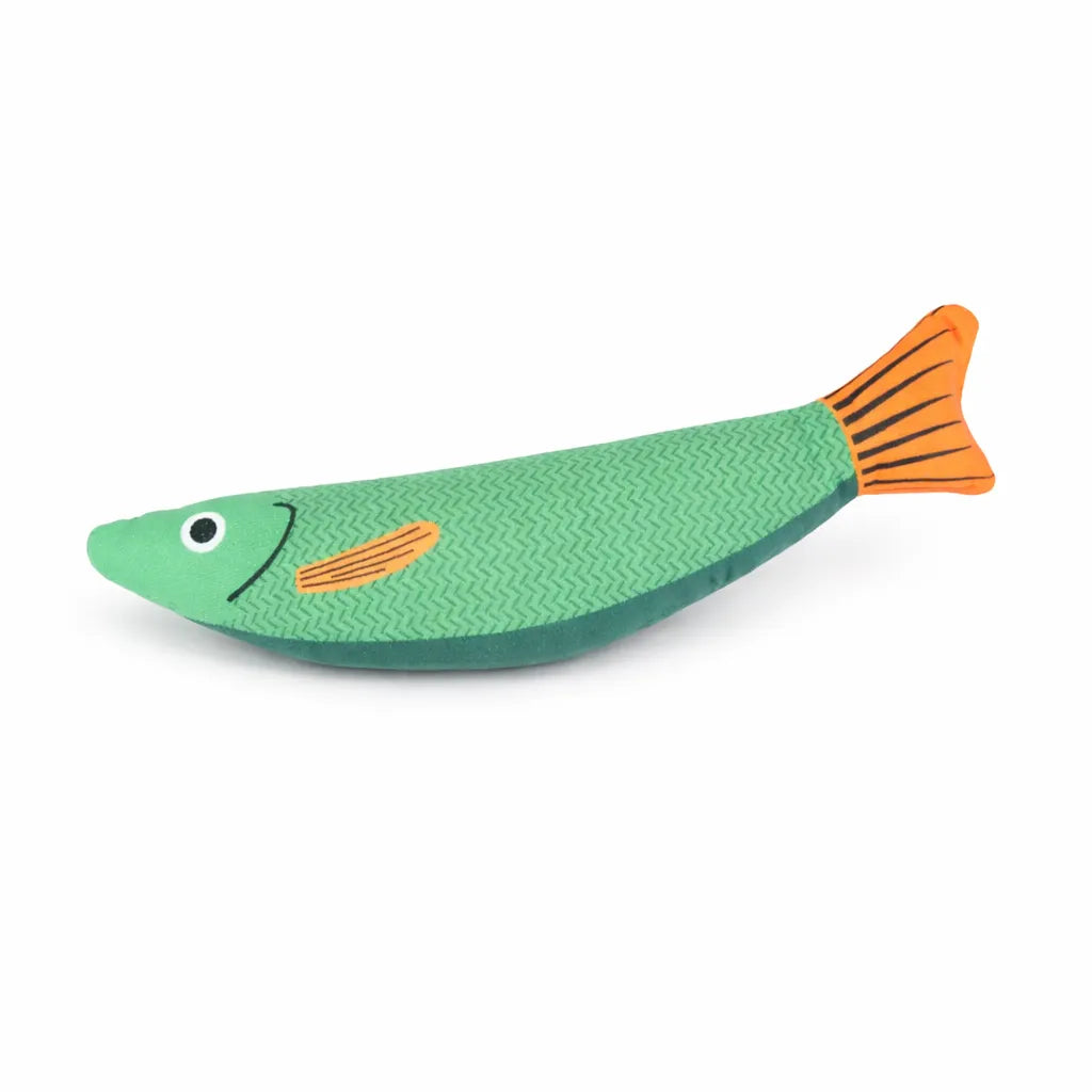 Green fabric fish catnip toy with orange striped tail and black eye, 24cm long.