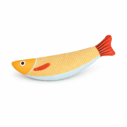 24cm yellow and light blue fish-shaped catnip toy with orange head, fins, and red striped tail.