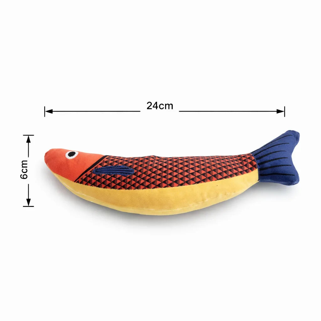 24cm orange and yellow fabric fish catnip toy with blue fins and black patterned scales.