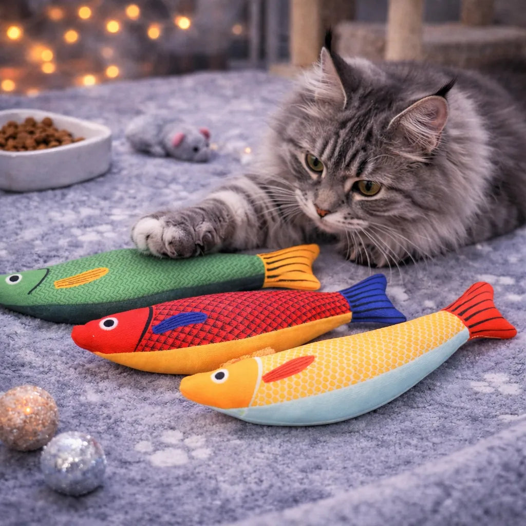 A fluffy gray cat with green eyes playing with three colorful 24cm fish-shaped catnip toys in red, green, and yellow on a gray blanket.