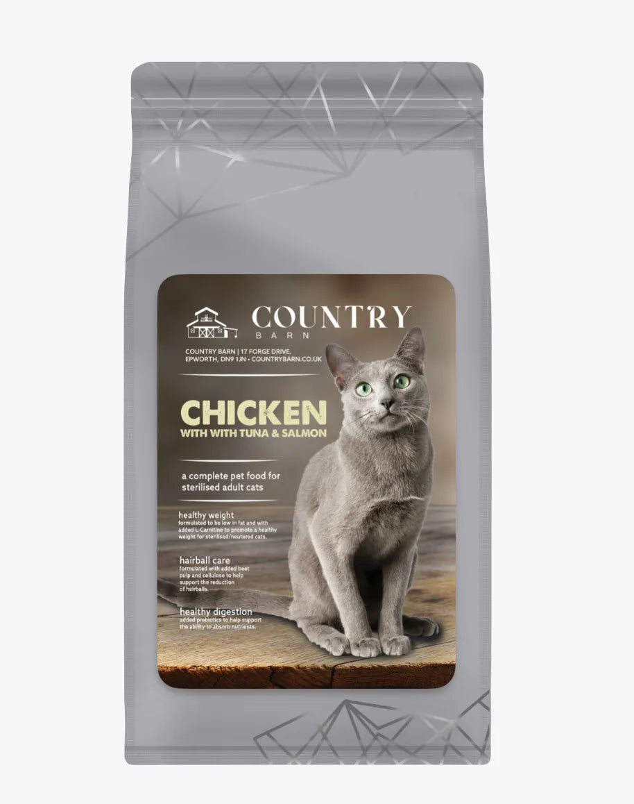 Gray Country Barn cat food bag with a Russian Blue cat, "Chicken with Tuna & Salmon" label.