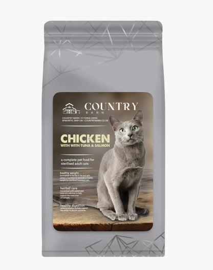 Gray Country Barn cat food bag with a Russian Blue cat, "Chicken with Tuna & Salmon" label.