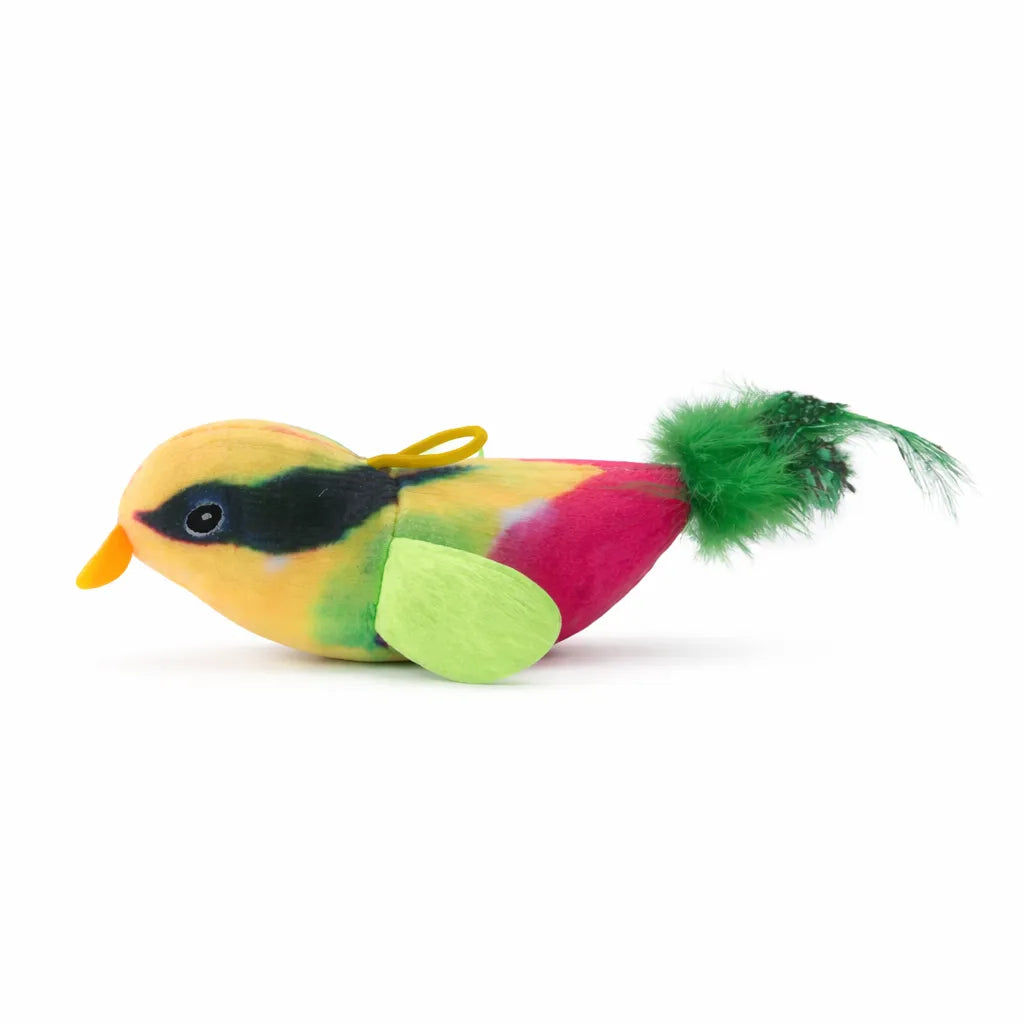 Plush chirping bird cat toy with yellow, pink, green, and black colors, an orange beak, and a green feathered tail.