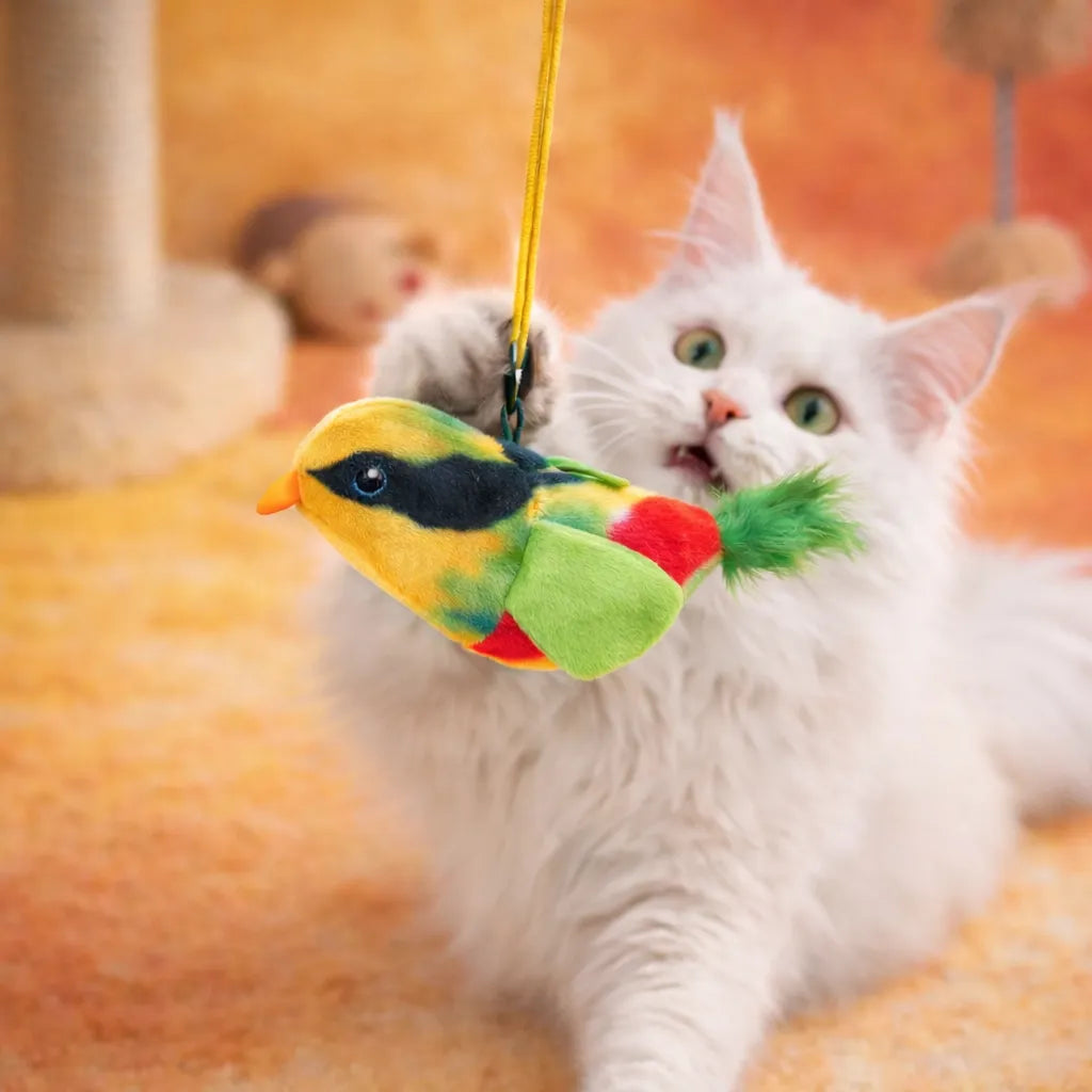 White cat playing with a colorful plush chirping bird toy on a yellow string.