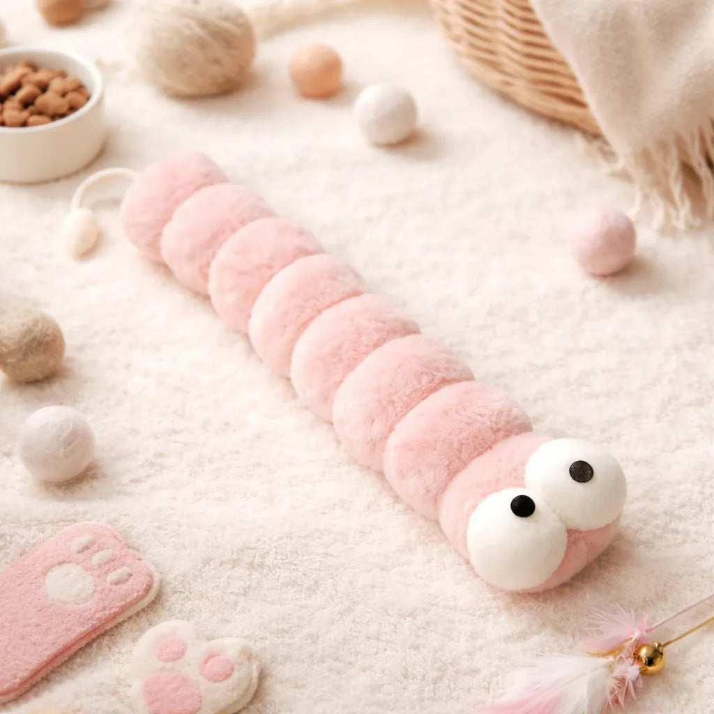 Pink plush caterpillar catnip kicker toy with large eyes on a cream rug.