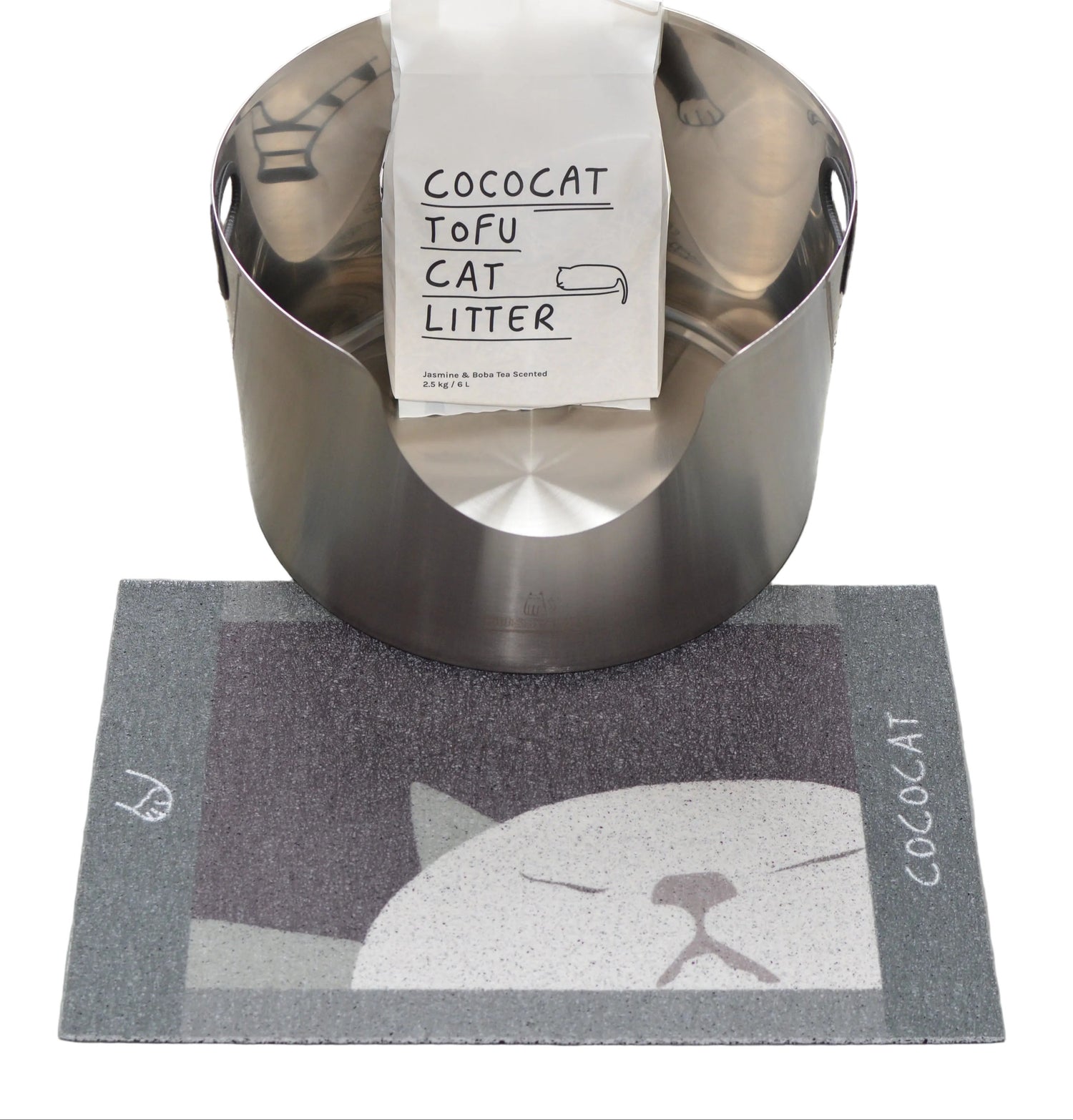 Fussy Cat Stainless Steel Round Cat Litter box with Cococat Tofu Cat Litter and the Cococat Litter Mat